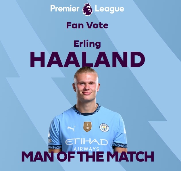  打進致勝球！英超官方：哈蘭德當選曼城1-0熱刺全場最佳球員