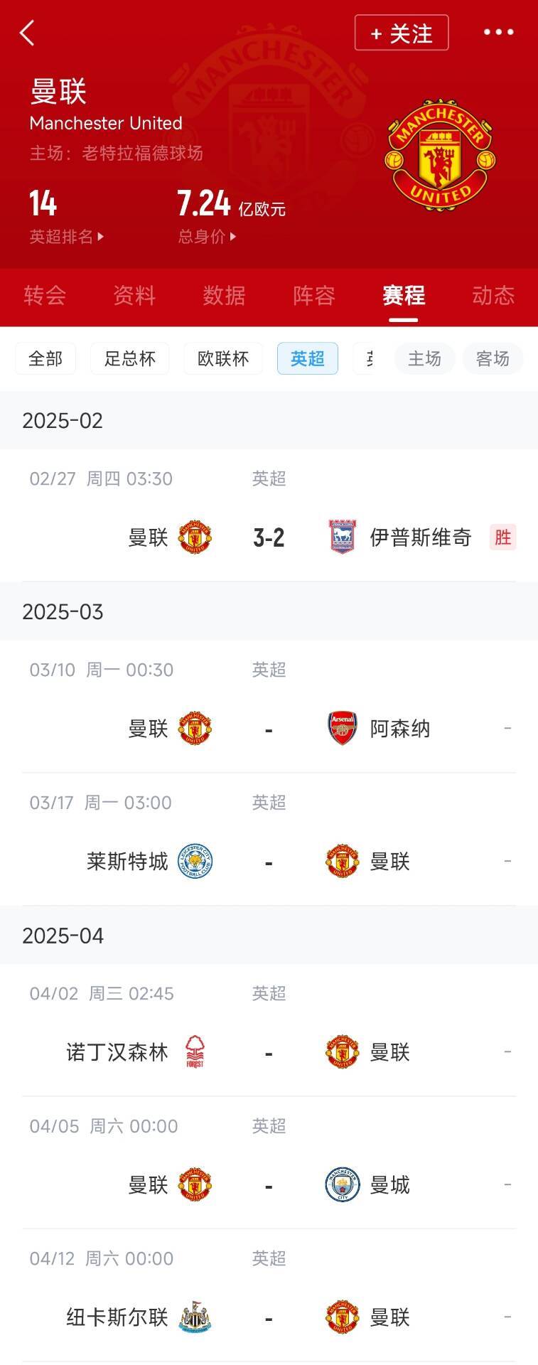  藍狐救一下？曼聯(lián)未來5輪將遭遇英超2/3/4/6名：槍手森林曼城紐卡